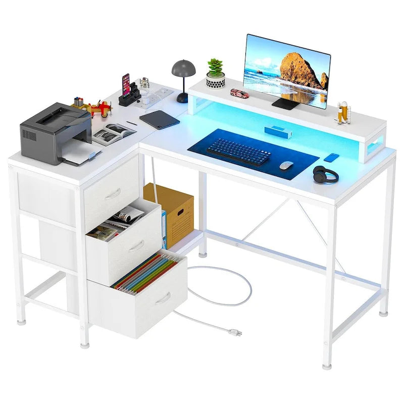 Bureau en L avec prises électriques et éclairage LED