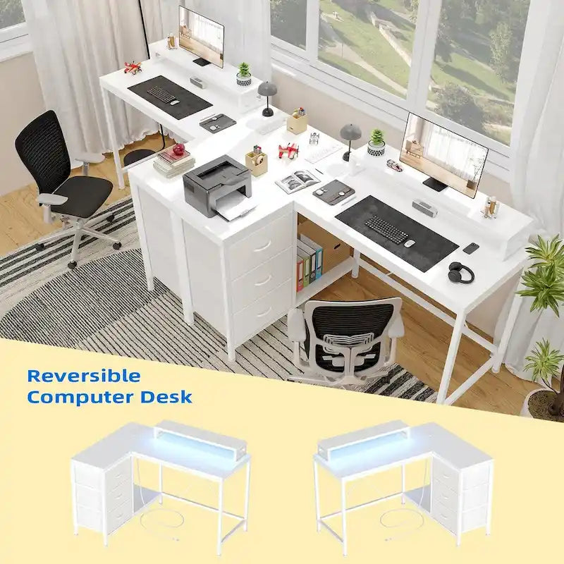 Bureau en L avec prises électriques et éclairage LED