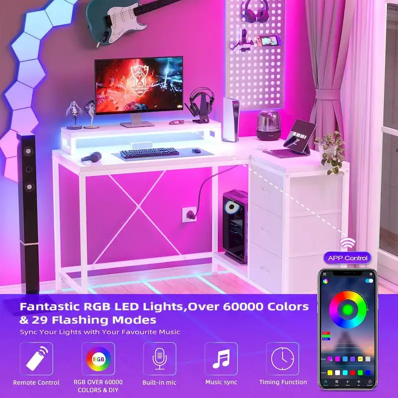 Bureau en L avec prises électriques et éclairage LED