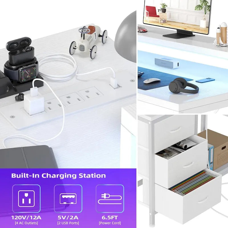 Bureau en L avec prises électriques et éclairage LED
