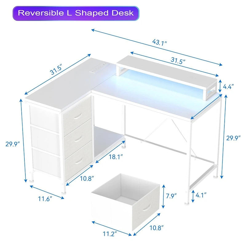 Bureau en L avec prises électriques et éclairage LED