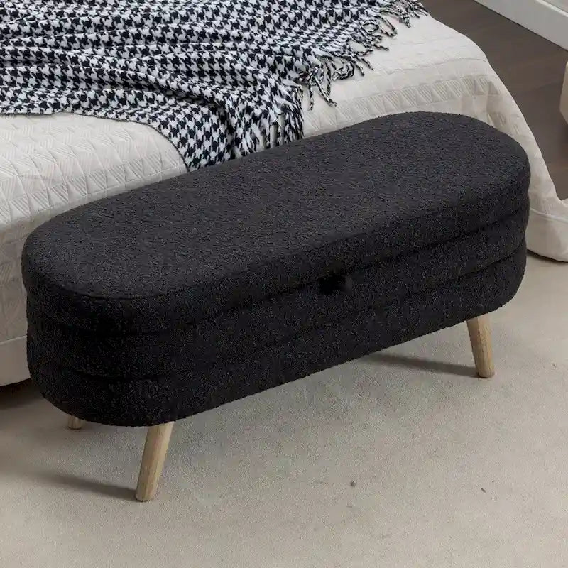 Banc de rangement en tissu bouclé avec pieds en bois pour chambre à coucher, noir
