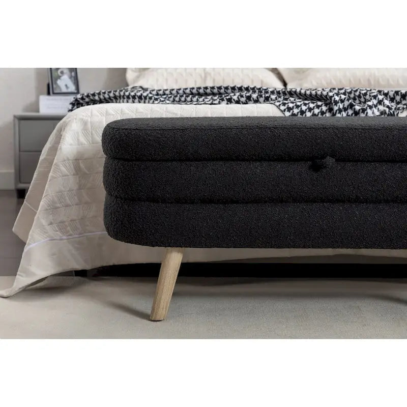 Banc de rangement en tissu bouclé avec pieds en bois pour chambre à coucher, noir