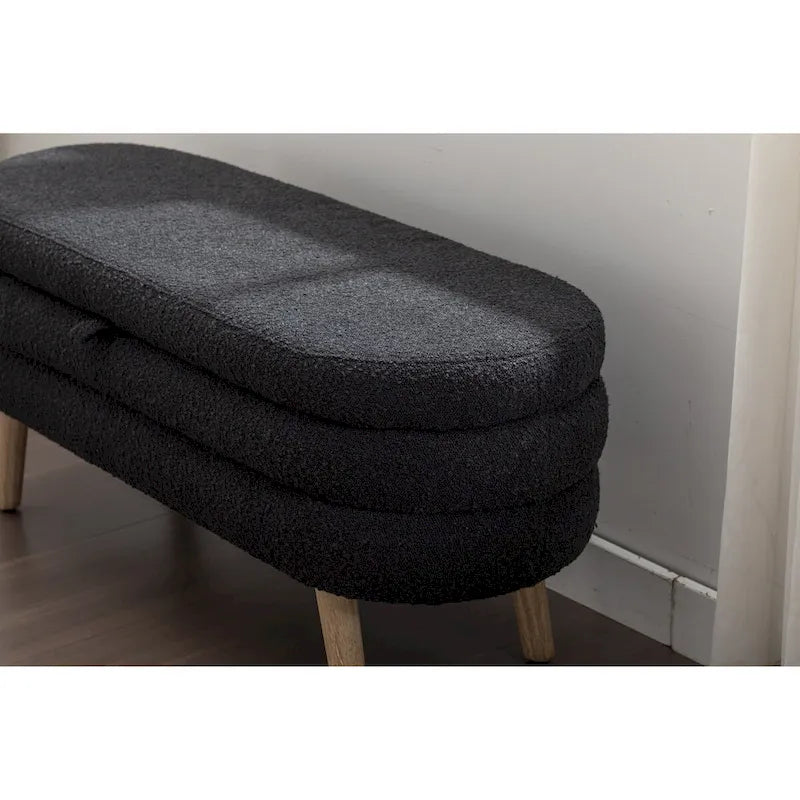 Banc de rangement en tissu bouclé avec pieds en bois pour chambre à coucher, noir
