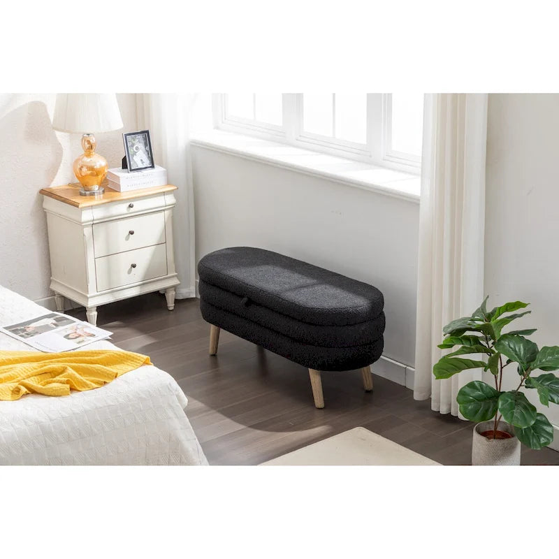 Banc de rangement en tissu bouclé avec pieds en bois pour chambre à coucher, noir