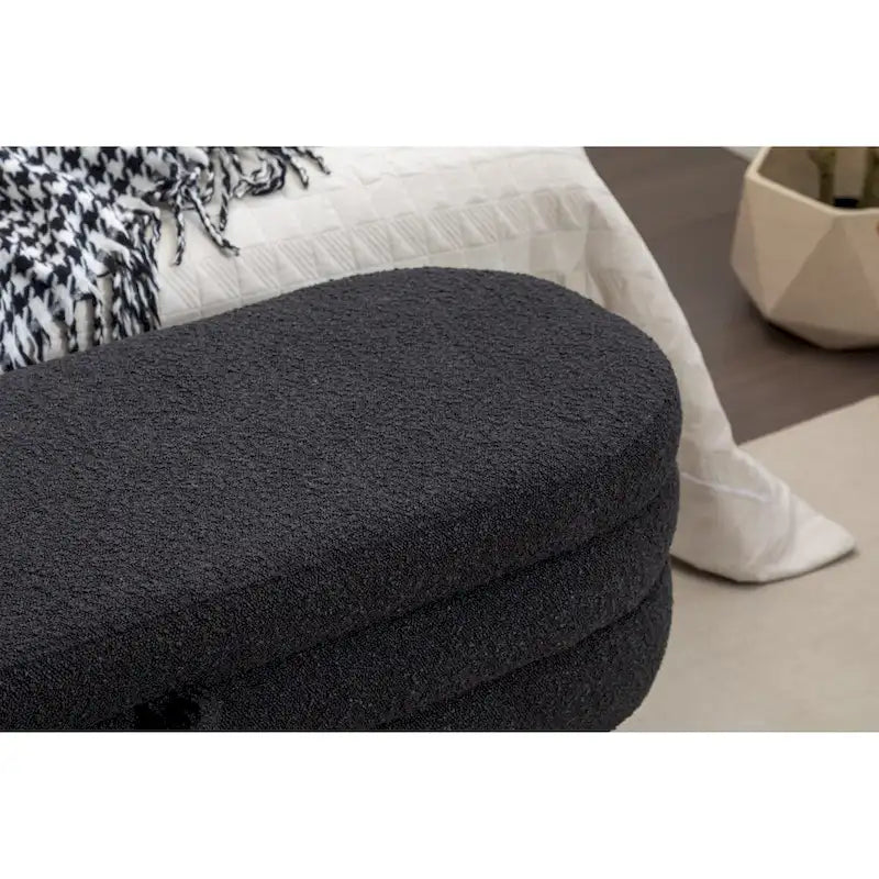 Banc de rangement en tissu bouclé avec pieds en bois pour chambre à coucher, noir
