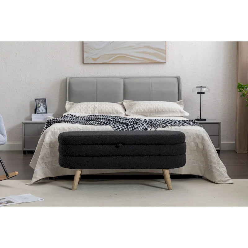 Banc de rangement en tissu bouclé avec pieds en bois pour chambre à coucher, noir