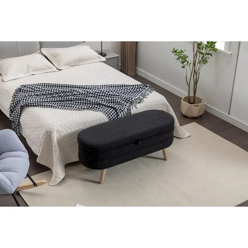 Banc de rangement en tissu bouclé avec pieds en bois pour chambre à coucher, noir