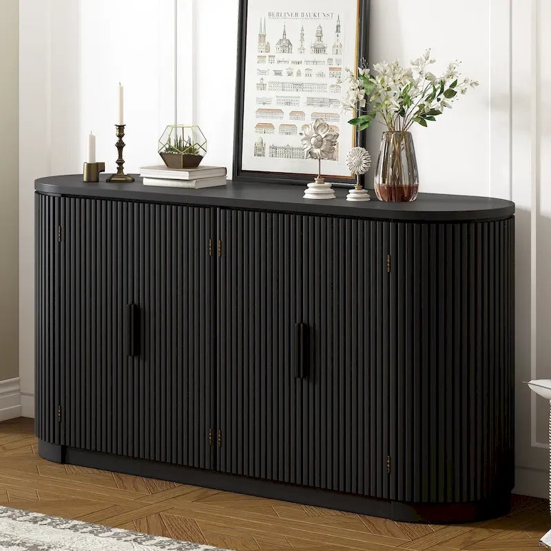 Armoire de rangement à portes verticales rayées avec poignées en métal, réglable, idéale pour un bureau, une entrée ou un salon.