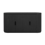 Armoire de rangement à portes verticales rayées avec poignées en métal, réglable, idéale pour un bureau, une entrée ou un salon.
