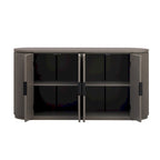 Armoire de rangement à portes verticales rayées avec poignées en métal, réglable, idéale pour un bureau, une entrée ou un salon.