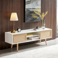 Meuble TV en rotin 55.12, double porte coulissante de rangement, étagère réglable, pieds en bois massif, console TV