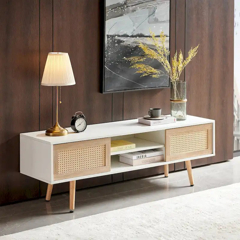 Meuble TV en rotin 55.12, double porte coulissante de rangement, étagère réglable, pieds en bois massif, console TV