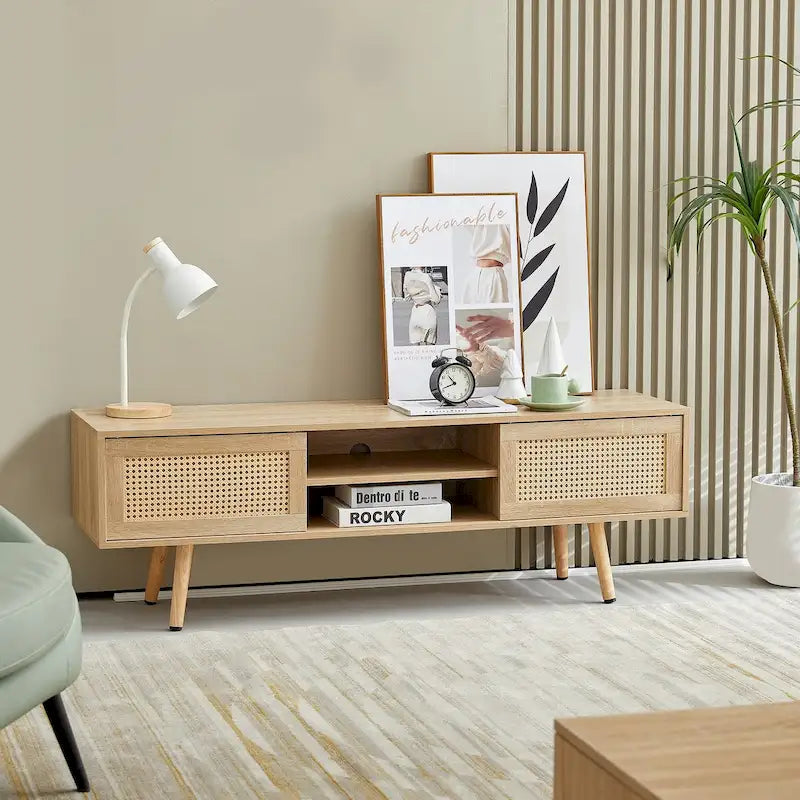 Meuble TV en rotin 55.12, double porte coulissante de rangement, étagère réglable, pieds en bois massif, console TV