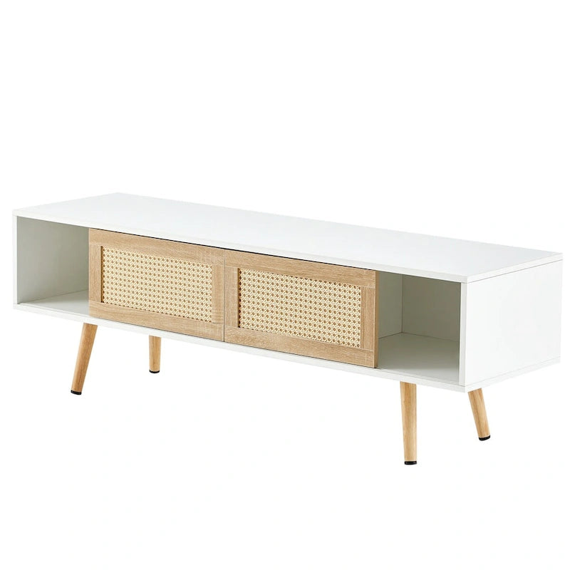 Meuble TV en rotin 55.12, double porte coulissante de rangement, étagère réglable, pieds en bois massif, console TV