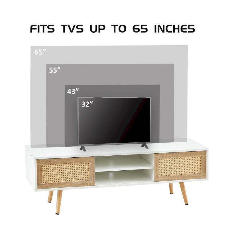 Meuble TV en rotin 55.12, double porte coulissante de rangement, étagère réglable, pieds en bois massif, console TV