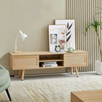Meuble TV en rotin 55.12, double porte coulissante de rangement, étagère réglable, pieds en bois massif, console TV