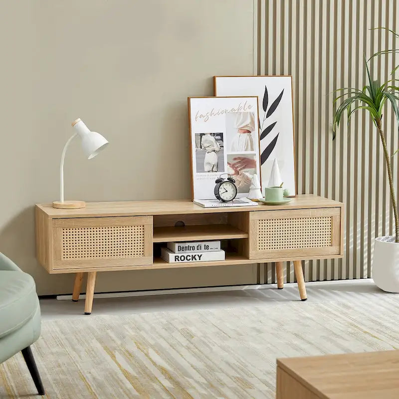 Meuble TV en rotin 55.12, double porte coulissante de rangement, étagère réglable, pieds en bois massif, console TV