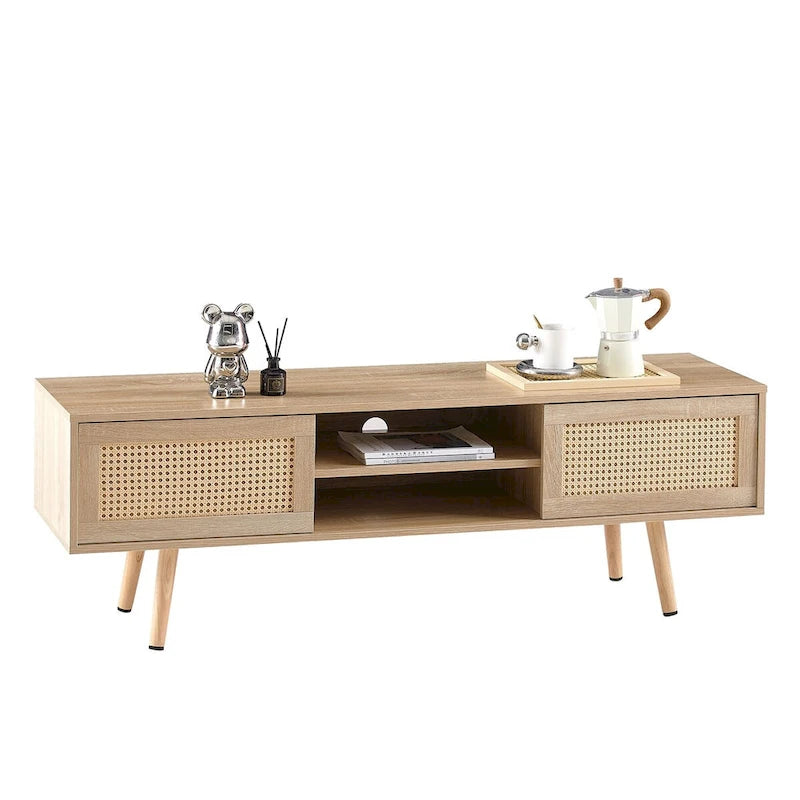 Meuble TV en rotin 55.12, double porte coulissante de rangement, étagère réglable, pieds en bois massif, console TV