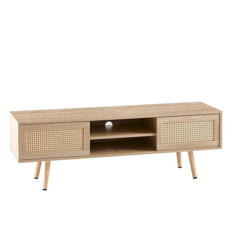 Meuble TV en rotin 55.12, double porte coulissante de rangement, étagère réglable, pieds en bois massif, console TV