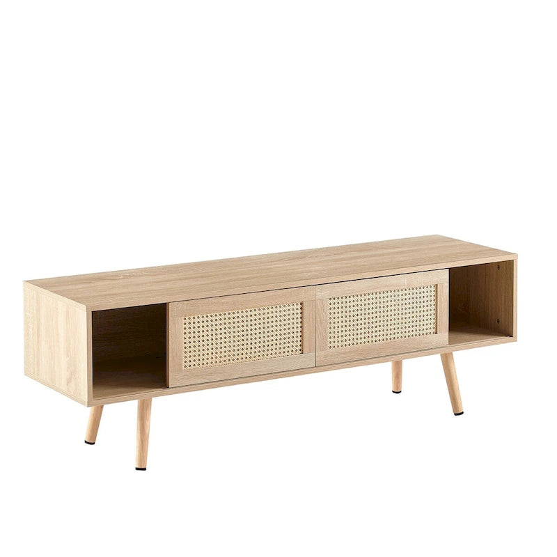 Meuble TV en rotin 55.12, double porte coulissante de rangement, étagère réglable, pieds en bois massif, console TV