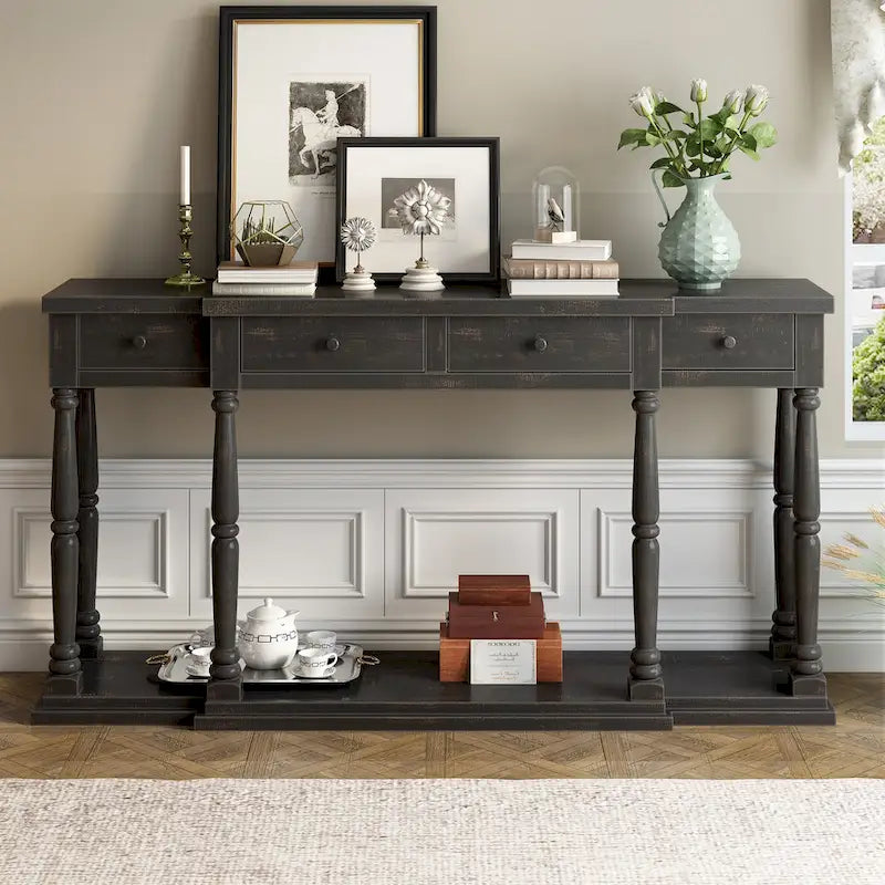 Console rétro avec 4 tiroirs de rangement en façade et 1 étagère