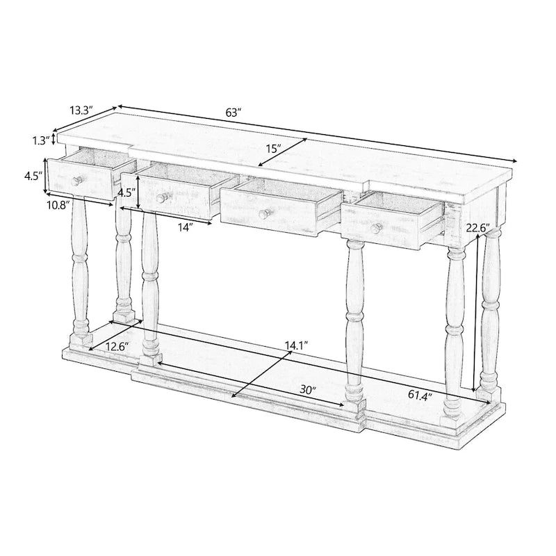 Console rétro avec 4 tiroirs de rangement en façade et 1 étagère