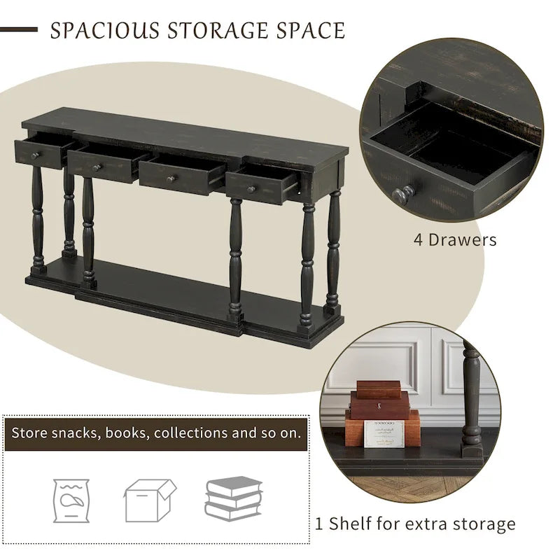 Console rétro avec 4 tiroirs de rangement en façade et 1 étagère