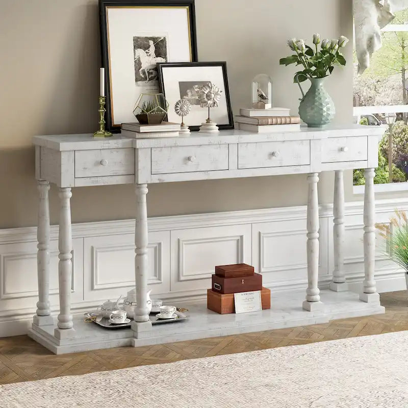 Console rétro avec 4 tiroirs de rangement en façade et 1 étagère