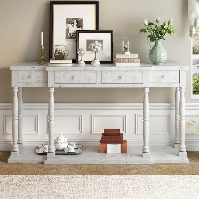 Console rétro avec 4 tiroirs de rangement en façade et 1 étagère
