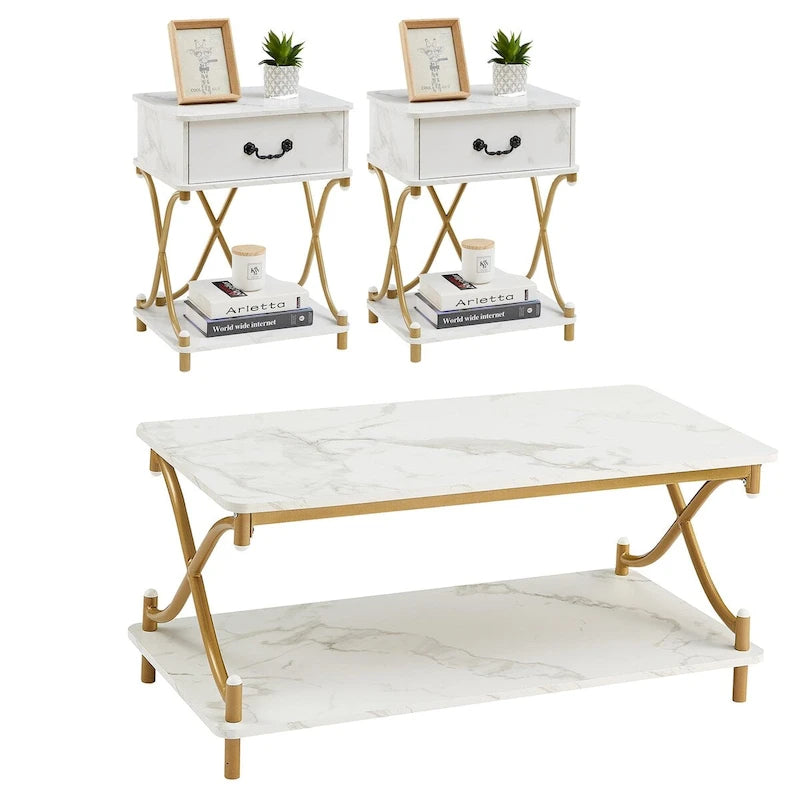 Ensemble moderne 3 pièces : table basse, table d'appoint et 2 tables de chevet à 1 tiroir (marron/noir/blanc)