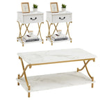 Ensemble moderne 3 pièces : table basse, table d'appoint et 2 tables de chevet à 1 tiroir (marron/noir/blanc)