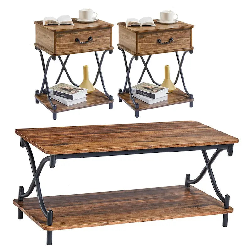Ensemble moderne 3 pièces : table basse, table d'appoint et 2 tables de chevet à 1 tiroir (marron/noir/blanc)