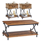 Ensemble moderne 3 pièces : table basse, table d'appoint et 2 tables de chevet à 1 tiroir (marron/noir/blanc)