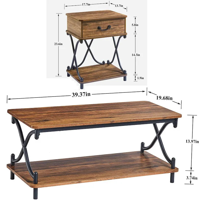 Ensemble moderne 3 pièces : table basse, table d'appoint et 2 tables de chevet à 1 tiroir (marron/noir/blanc)