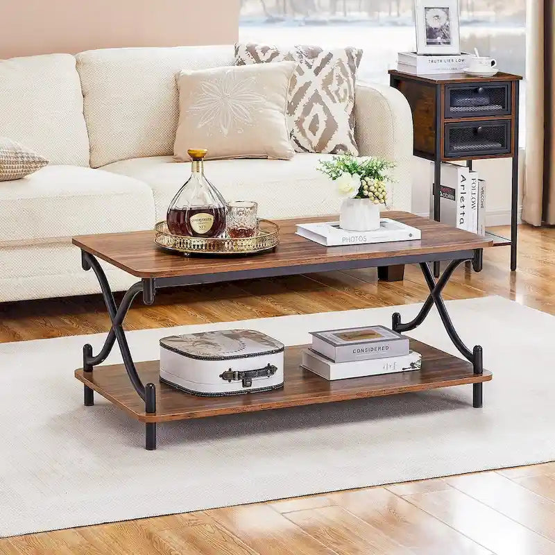 Ensemble moderne 3 pièces : table basse, table d'appoint et 2 tables de chevet à 1 tiroir (marron/noir/blanc)