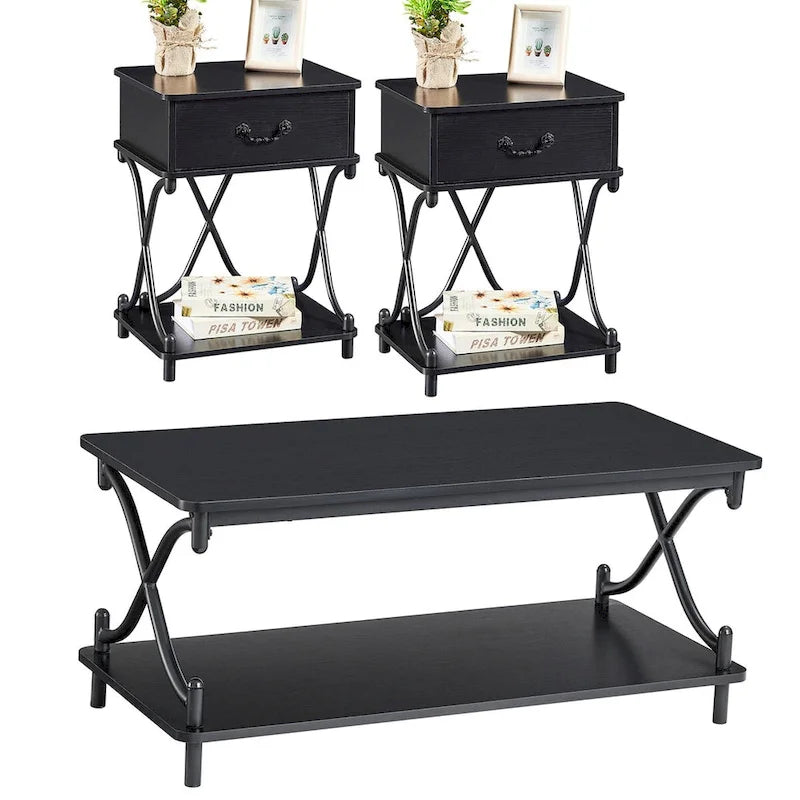 Ensemble moderne 3 pièces : table basse, table d'appoint et 2 tables de chevet à 1 tiroir (marron/noir/blanc)
