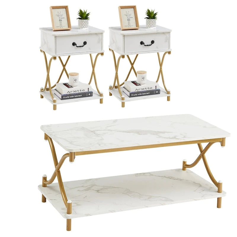 Ensemble moderne 3 pièces : table basse, table d'appoint et 2 tables de chevet à 1 tiroir (marron/noir/blanc)