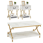 Ensemble moderne 3 pièces : table basse, table d'appoint et 2 tables de chevet à 1 tiroir (marron/noir/blanc)