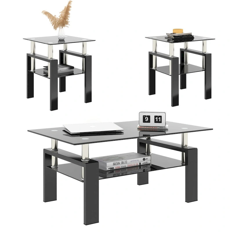 Ensemble de 2, table basse/table d'appoint moderne en verre trempé