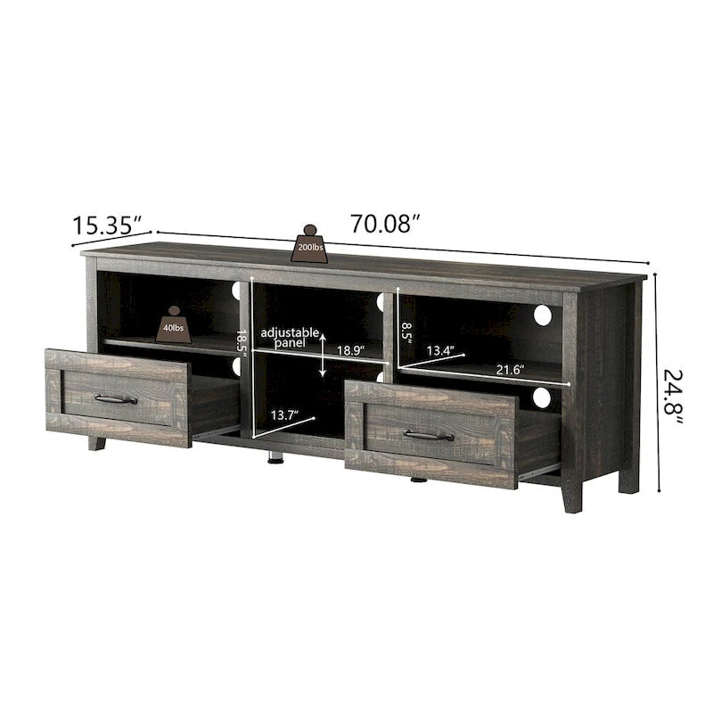 Meuble TV de 70 pouces de long avec 2 tiroirs et 4 compartiments de rangement