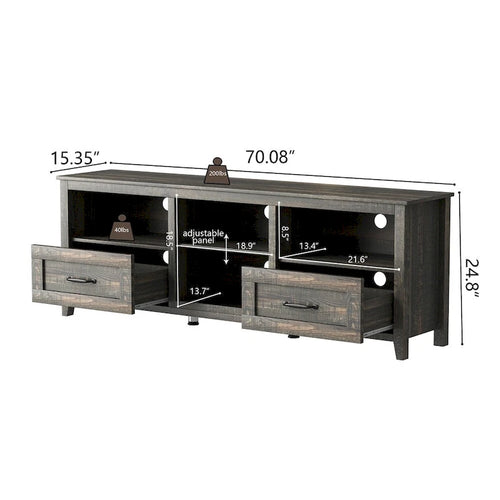 Meuble TV de 70 pouces de long avec 2 tiroirs et 4 compartiments de rangement