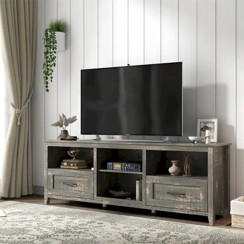 Meuble TV de 70 pouces de long avec 2 tiroirs et 4 compartiments de rangement