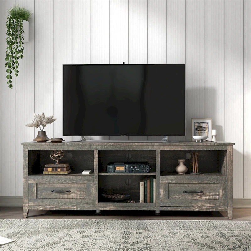 Meuble TV de 70 pouces de long avec 2 tiroirs et 4 compartiments de rangement