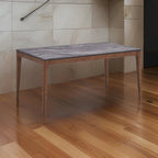 Evis 63 Inch Dining Table, Marble Grain Faux Stone Top, Walnut Brown Wood