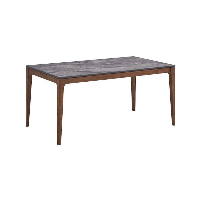 Table de salle à manger Evis de 160 cm, plateau en imitation pierre à grain de marbre, bois brun noyer