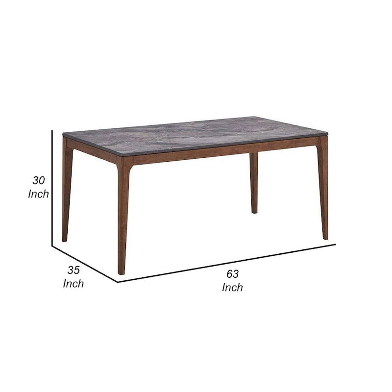 Table de salle à manger Evis de 160 cm, plateau en imitation pierre à grain de marbre, bois brun noyer