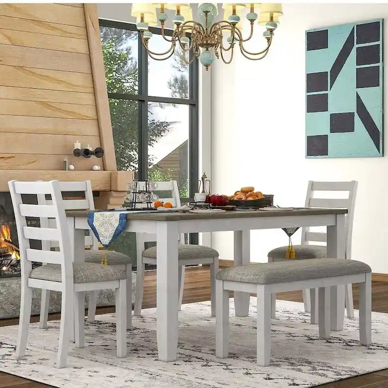 Table de salle à manger rectangulaire de style campagnard de 60 pouces avec 4 chaises rembourrées et un banc