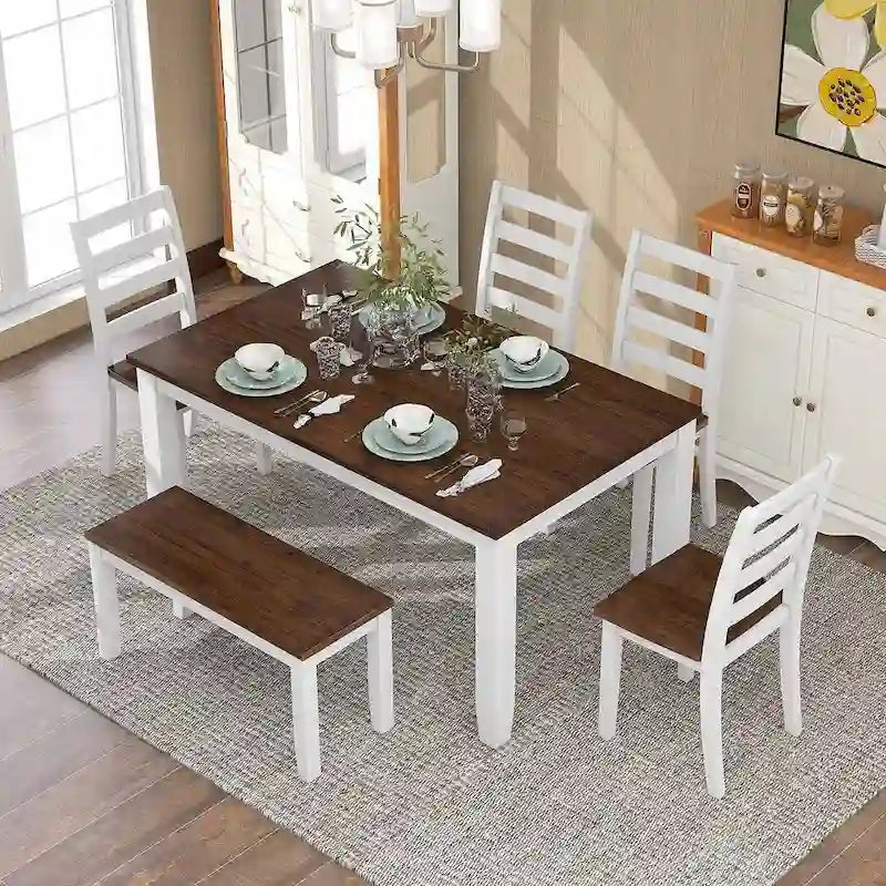 Table de salle à manger rectangulaire de style campagnard de 60 pouces avec 4 chaises rembourrées et un banc