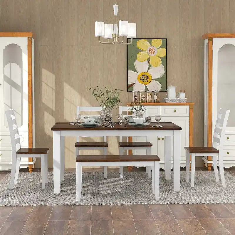 Table de salle à manger rectangulaire de style campagnard de 60 pouces avec 4 chaises rembourrées et un banc